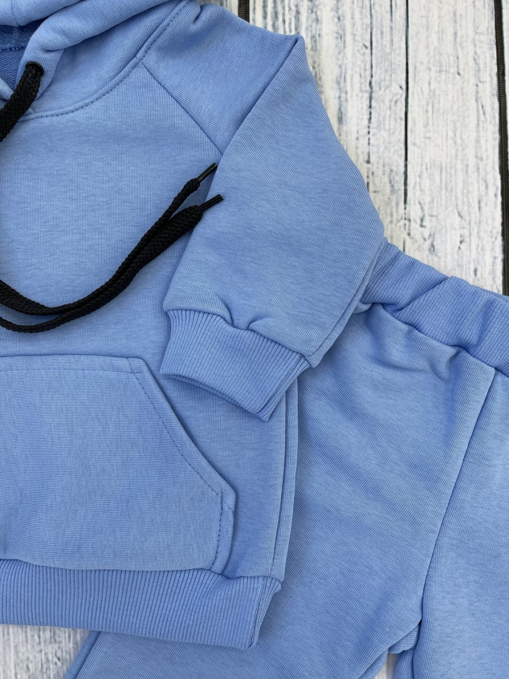 311-Г. Свитшот с капюшоном + Штаны, хлопок 65%, 35% ПЭ, 3-х нитка ( без начеса) голубой 122,128,134,140